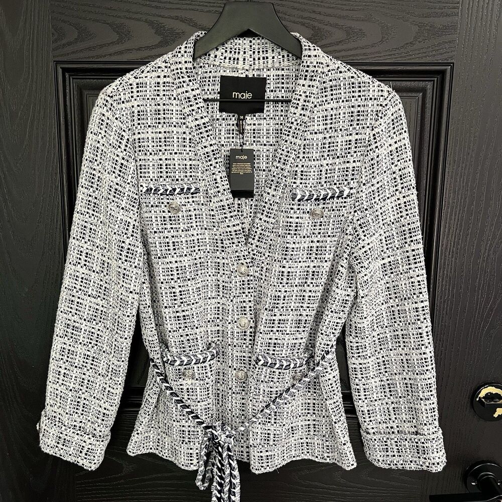 Maje Vetrole Belted Blue Tweed Jacket Size 36 Small